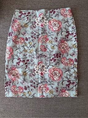LOFT Floral Pencil Skirt in Light Blue with Pink Blooms